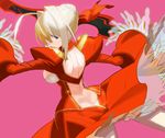  aestus_estus ahoge ass back_cutout backless_outfit blonde_hair breasts dress epaulettes fate/extra fate_(series) holding holding_sword holding_weapon large_breasts looking_back nero_claudius_(fate) nero_claudius_(fate)_(all) pink_background red_dress simple_background solo sword weapon yuuki_(irodo_rhythm) 