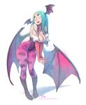  1girl bat_print breasts cleavage demon_girl full_body green_hair head_wings highres looking_up morrigan_aensland pantyhose solo succubus vampire_(game) wings xavier_houssin 