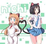  2girls :d animal_ears blue_eyes blue_necktie blue_skirt blush brown_eyes brown_hair cat_ears cat_tail coat collared_shirt copyright_name cowboy_shot feet_out_of_frame green_background hair_between_eyes hands_on_own_hips highres kemonomimi_mode lab_coat long_hair looking_at_viewer medium_hair miniskirt multiple_girls necktie nichijou orange_hair pleated_skirt professor_shinonome red_necktie sailor_collar shinonome_nano shirt short_sleeves sidelocks skirt smile standing tail thighs very_long_hair white_background white_coat white_sailor_collar white_shirt winding_key yuukin 