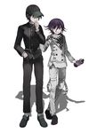  bad_id bad_twitter_id baseball_cap black_hair bottle checkered checkered_scarf danganronpa enpitsu_(enpi_tts) fanta flipped_hair hand_in_pocket hat height_difference highres looking_down male_focus multiple_boys new_danganronpa_v3 ouma_kokichi purple_eyes purple_hair saihara_shuuichi scarf school_uniform simple_background smile soda_bottle straitjacket white_background 