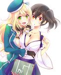 2girls :d :o absurdres admiral_(kantai_collection) alternate_eye_color atago_(kantai_collection) blonde_hair blush breasts brown_hair cleavage collarbone ears gloves green_eyes hakama_skirt hat highres hoshino_madoka kaga_(kantai_collection) kantai_collection large_breasts looking_at_viewer miniboy multiple_girls off_shoulder open_clothes open_mouth open_shirt red_eyes shirt side_ponytail simple_background smile tasuki white_background 