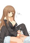  1girl bangs bare_shoulders blunt_bangs blush breasts brown_eyes brown_hair censored commentary_request cum ejaculation handjob hetero kaisen_chuui large_breasts long_hair lying off_shoulder on_back open_mouth original pants penis sitting smile solo_focus spread_legs translation_request 
