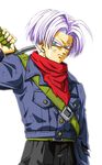  backlighting blue_eyes dirty dragon_ball dragon_ball_super jacket kamishima_kanon lavender_hair male_focus neckerchief solo sword torn_clothes trunks_(dragon_ball) upper_body weapon 