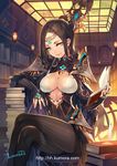 arm_rest artist_name bangs black_hair black_nails blue_eyes book book_stack bookshelf breasts cape center_opening cleavage covered_navel crossed_legs diadem eyeshadow hair_ornament head_tilt holding holding_book indoors lace large_breasts legs library long_hair long_sleeves looking_at_viewer luoxuan_jingjie_xian lvans makeup nail_polish open_book original parted_bangs pinstripe_pattern signature sitting skylight sleeves_past_wrists smile solo staff striped wall_lamp watermark web_address 