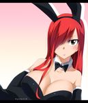  :&lt; animal_ears artist_name bare_shoulders black_gloves blush breasts brown_hair bunny_ears bunnysuit cleavage detached_collar elbow_gloves erza_scarlet fairy_tail fake_animal_ears gaston18 gloves hair_over_one_eye highres large_breasts letterboxed long_hair mashima_hiro parted_lips red_hair solo upper_body 