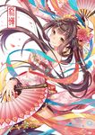  bare_shoulders beads blush brown_eyes brown_hair cha_chazi chinese_clothes dancing detached_sleeves fan flower folding_fan hair_beads hair_flower hair_ornament long_hair looking_at_viewer smile solo strapless thighhighs very_long_hair wide_sleeves 