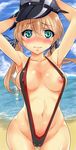  ass_visible_through_thighs bad_id bad_pixiv_id beach blonde_hair blush breast_slip breasts cv1115 day hat highres kantai_collection large_breasts long_hair looking_at_viewer low_twintails outdoors peaked_cap prinz_eugen_(kantai_collection) slingshot slingshot_swimsuit solo swimsuit twintails 