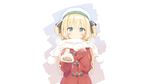  baozi blonde_hair blush coat enpera food green_eyes hair_ribbon hat highres long_hair looking_at_viewer original peko pom_pom_(clothes) ribbon scarf shimotsuki_potofu solo two_side_up winter_clothes 