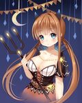  :o belt blue_eyes blush breasts brown_hair capelet cha_chazi cleavage collarbone corset crescent demon_horns halloween horns large_breasts looking_at_viewer low_twintails pitchfork sidelocks solo twintails 