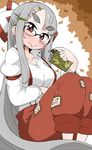  arm_garter bangs bespectacled blush book bookmark breasts collarbone eyebrows fujiwara_no_mokou glasses hair_ornament hairclip highres leaf long_hair long_sleeves looking_at_viewer medium_breasts pants parted_bangs red_eyes silver_hair sitting smile solo suspenders takeu thick_eyebrows touhou very_long_hair 