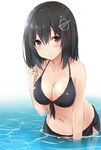  :o bare_arms bare_shoulders bikini bikini_top black_bikini black_hair black_ribbon blush breasts cleavage collarbone front-tie_bikini front-tie_top haguro_(kantai_collection) hair_between_eyes hair_ornament hairpin highres kantai_collection leaning_forward looking_at_viewer medium_breasts navel parted_lips red_eyes ribbon saku_(kudrove) sarong short_hair solo stomach swimsuit wading water 