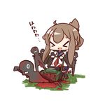  &gt;_&lt; ahoge blood bloody_clothes brown_hair chibi closed_eyes commentary_request folded_ponytail highres inazuma_(kantai_collection) kantai_collection lawnmower necktie nuu_(nu-nyu) open_mouth plasma-chan_(kantai_collection) school_uniform serafuku simple_background translated white_background zombie 