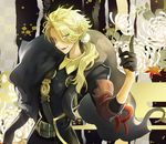  black_gloves blonde_hair fangs flower gloves half_gloves index_finger_raised looking_at_viewer male_focus nue open_mouth ponytail scrunchie shishiou shishiou_no_mofumofu smile solo touken_ranbu yonsang21 