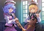  :d :o blonde_hair blue_eyes blue_hair commentary_request e.o. frilled_shirt_collar frills hat indoors instrument juliet_sleeves light_particles long_sleeves looking_at_viewer lunasa_prismriver merlin_prismriver multiple_girls open_mouth puffy_sleeves short_hair skirt skirt_set smile touhou trumpet upper_body violin window yellow_eyes 