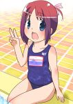  amamiya_manami blue_eyes commentary_request gakuen_utopia_manabi_straight! open_mouth pool poolside red_hair school_swimsuit solo swimsuit thighs v water zatunako15 