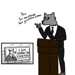  2016 anthro billboard canine clothed clothing cuck_wolf_(character) digital_media_(artwork) fur grey_fur mammal necktie pants paul_noth podium pointing politics simple_background suit unseen_character white_background wolf xxy_(artist) 