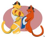  2015 ahzi anthro bandanna bottomless bulge cat chance_furlong clothed clothing digital_media_(artwork) duo eye_contact feline flat_colors fur hi_res jake_clawson jockstrap larger_male male male/male mammal muscular muscular_male red_fur shirt side_view signature simple_background size_difference smaller_male smile standing stripes swat_kats tank_top underwear undressing yellow_fur 