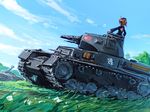  anglerfish blue_jacket brown_hair caterpillar_tracks cloud cloudy_sky day emblem girls_und_panzer grass ground_vehicle headphones jacket lain military military_uniform military_vehicle motor_vehicle nishizumi_miho ooarai_(emblem) ooarai_military_uniform outdoors panzerkampfwagen_iv short_hair sky solo tank uniform 