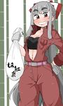  bag bamboo bamboo_forest bandeau belt blush breasts eyebrows forest fujiwara_no_mokou gloves grin hand_on_hip highres jumpsuit long_hair looking_at_viewer medium_breasts nature navel open_clothes red_eyes silver_hair smile solo takeu thick_eyebrows touhou unzipped very_long_hair 