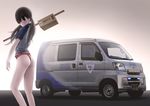  ass bad_id bad_pixiv_id black_eyes black_hair car chikuwa_(odennabe) delivery ground_vehicle highres loincloth long_hair motor_vehicle original solo twintails uniform 