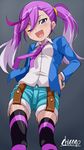  ;d blazer blue_eyes digimon digimon_universe:_appli_monsters highres jacket karan_eri multicolored_hair necktie one_eye_closed open_mouth purple_hair shikapu shorts smile solo thighhighs twintails two-tone_hair 