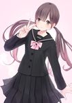  bad_id bad_nicoseiga_id black_serafuku brown_eyes brown_hair chikuwa_(odennabe) long_hair looking_at_viewer original school_uniform serafuku simple_background solo twintails v 