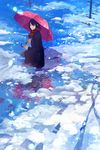  black_hair black_legwear gemi highres kneeling original reflection scarf skirt smile snow snowing solo umbrella 
