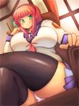  &gt;:) angel_beats! bad_id bad_pixiv_id black_legwear blush breasts chair commentary crossed_legs fat_folds green_eyes hairband huge_breasts kuniharu looking_at_viewer naughty_face office_chair panties pleated_skirt plump red_hair short_hair sitting skirt smile smirk solo thick_thighs thighhighs thighs tsurime underwear v-shaped_eyebrows white_panties yuri_(angel_beats!) 