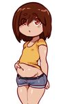  1girl :o blush brown_hair child cowboy_shot flanny_(lightsource) lightsource looking_at_viewer navel open_mouth original red_eyes shiny shiny_hair shiny_skin shorts simple_background solo standing white_background 