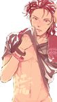  abs adonis_belt bracelet granblue_fantasy hand_in_hair jewelry looking_at_viewer makino_bunny male_focus navel necklace percival_(granblue_fantasy) red_eyes red_hair shirt_lift simple_background solo sweat tan towel towel_around_neck white_background 