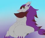  2019 alternate_color anthro anus backsack balls butt canine darell-sama digital_media_(artwork) fan_character fur grey_fur hair looking_back male mammal nintendo nude pok&eacute;mon pok&eacute;mon_(species) presenting purple_hair smile solo video_games zoroark 