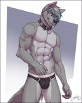 2016 5_fingers anthro canine claws clothing collar feralise fur grey_fur hair invalid_tag male mammal simple_background solo underwear wolf yellow_eyes 