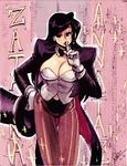  1girl alex_ahad black_hair bow bowtie breasts character_name cleavage dc_comics detached_collar finger_to_mouth gloves hat highres looking_at_viewer magician pantyhose shushing solo top_hat white_gloves zatanna_zatara 