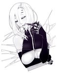  arachne biting breasts claws detached_sleeves extra_eyes greyscale hair_over_one_eye highres insect_girl large_breasts materclaws monochrome monster_girl monster_musume_no_iru_nichijou navel rachnera_arachnera short_hair silk skindentation solo spider_girl spider_web underboob upper_body 