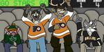 2012 antlers black_hair canine cervine clothed clothing dallas_stars deer fully_clothed group hair horn hyena jersey mammal middle_finger nhl pants philadelphia_flyers smudo stadium wolf 