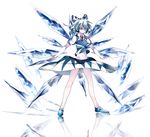  blue_bow blue_footwear blue_ribbon blue_skirt blue_vest bow cirno full_body hair_bow hair_ribbon highres ice ice_wings ikurauni midriff navel outstretched_arms puffy_short_sleeves puffy_sleeves reflection reflective_floor ribbon serious shoes short_hair short_sleeves silver_eyes silver_hair skirt solo spread_arms touhou vest wings 