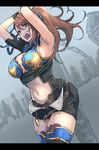  armor arms_up beatrix_(granblue_fantasy) belt bikini_armor black_legwear bound bound_wrists breasts brown_eyes brown_hair chain crowd granblue_fantasy hair_ornament highres kujuu_shikuro large_breasts long_hair navel open_fly open_mouth ponytail short_shorts shorts solo_focus teeth thighhighs torn_clothes undone undone_belt 