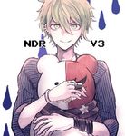  amami_rantarou blonde_hair bracelet copyright_name danganronpa ear_piercing jewelry kyo722 looking_at_viewer monotarou_(danganronpa) necklace new_danganronpa_v3 object_hug piercing scarf shirt smile striped striped_shirt stuffed_toy thumb_ring upper_body yellow_eyes 