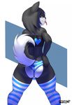  &lt;3 2016 anthro black_fur black_hair blush bulge butt canine clothed clothing curled_tail dog fur girly hair hand_on_butt husky kino_strife legwear long_hair looking_at_viewer looking_back male mammal multicolored_fur panties portrait rear_view seductive skimpy smile solo sqoon standing striped_legwear stripes thick_thighs thigh_highs three-quarter_portrait tongue tongue_out tube_top two_tone_fur underwear white_fur 