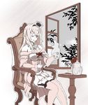  braid breasts chair cleavage crown cup dress french_braid garter_straps highres kantai_collection large_breasts long_hair mini_crown muted_color off-shoulder_dress off_shoulder one_eye_closed outline scone sitting solo steam table teacup teapot thighhighs warabe_(waraghi) warspite_(kantai_collection) window zettai_ryouiki 