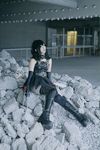  asian belt black_boots boots choker cosplay cross-laced_footwear dress edward_scissorhands edward_scissorhands_(cosplay) elbow_gloves gloves gothic knee_boots lace-up_boots long_hair makeup pale_skin photo scissors shoes sitting skirt solo thighhighs 