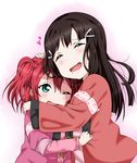  black_hair blush closed_eyes clothes_grab commentary green_eyes hair_ornament hand_on_another's_head head_on_head heart hug japanese_clothes kurosawa_dia kurosawa_ruby long_hair long_sleeves love_live! love_live!_sunshine!! mole mole_under_mouth multiple_girls one_eye_closed open_mouth red_hair siblings simple_background sisters sooki two_side_up wavy_mouth 