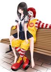  1girl bad_id bad_pixiv_id barefoot bench black_hair brown_eyes chikuwa_(odennabe) long_hair mcdonald's neckerchief pleated_skirt ronald_mcdonald scarf school_uniform serafuku sexually_suggestive skirt straddling 