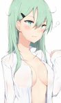  breasts cole collarbone commentary_request eyebrows eyebrows_visible_through_hair green_eyes green_hair hair_between_eyes hair_ornament hairclip kantai_collection large_breasts long_hair long_sleeves messy_hair open_clothes open_shirt see-through shirt simple_background skirt sleeves_past_wrists solo suzuya_(kantai_collection) white_background white_skirt 