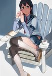  adirondack_chair bad_id bad_pixiv_id black_hair book boots chair cup glasses hip_vent kantai_collection long_hair long_sleeves looking_at_viewer makio_(makiomeigenbot) necktie ooyodo_(kantai_collection) pleated_skirt revision saucer school_uniform semi-rimless_eyewear serafuku sitting skirt smile solo teacup thigh_boots thighhighs 