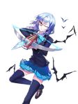  bat black_legwear bloodline blue_hair blue_skirt bolt bow_(weapon) brown_footwear crossbow drill_hair monocle non-web_source one_eye_closed school_uniform sha_(bloodline) shoes skirt solo standing standing_on_one_leg thighhighs transparent_background vampire weapon 
