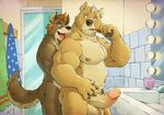  anthro balls bathroom bear beard biceps big_biceps big_muscles big_penis black_nose blonde_hair blue_eyes brown_eyes brown_hair brown_nose canine cup detailed_background dog duo ear_piercing erection facial_hair furryrevolution hair holding_object huge_penis humanoid_penis licking male male/male mammal muscular muscular_male nipples nude open_mouth paws pecs penis piercing pose relaxing shower side_view sideburns sink size_difference smaller_male standing thick_penis tongue tongue_out toothbrush towel vein veiny_penis 