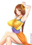  alternate_costume arm_up armpits braid breasts brown_eyes brown_hair covered_nipples crossed_legs flower hair_flower hair_ornament impossible_clothes impossible_shirt invisible_chair large_breasts league_of_legends leona_(league_of_legends) long_hair looking_at_viewer parted_lips ponytail pool_party_leona sarong shirt simple_background sitting solo sunflower sunflower_hair_ornament swimsuit vanquice watermark web_address white_background 