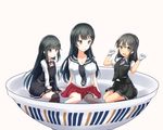  agano_(kantai_collection) asashio_(kantai_collection) asymmetrical_legwear belt black_hair black_legwear black_skirt blue_eyes blue_ribbon bowl breasts buttons commentary_request dress gloves grey_eyes hair_ornament hairclip in_bowl in_container kantai_collection large_breasts long_hair long_sleeves moonstar multiple_girls neck_ribbon necktie open_mouth oyashio_(kantai_collection) pale_skin pleated_skirt remodel_(kantai_collection) ribbon sailor_collar school_uniform serafuku shirt short_sleeves simple_background single_thighhigh sitting skirt sleeveless sleeveless_dress smile thighhighs vest white_background white_gloves white_shirt 