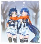 ahoge bare_shoulders blue_hair closed_eyes commentary_request covered_mouth elbow_gloves gloves green_eyes grin holding_hands kantai_collection kikisuke_t long_hair looking_at_viewer low_twintails multiple_girls neckerchief orange_scarf outdoors samidare_(kantai_collection) scarf school_uniform serafuku shared_scarf shirt skirt sleeveless sleeveless_shirt smile snowing suzukaze_(kantai_collection) thighhighs tree twintails v very_long_hair white_skirt winter zettai_ryouiki 